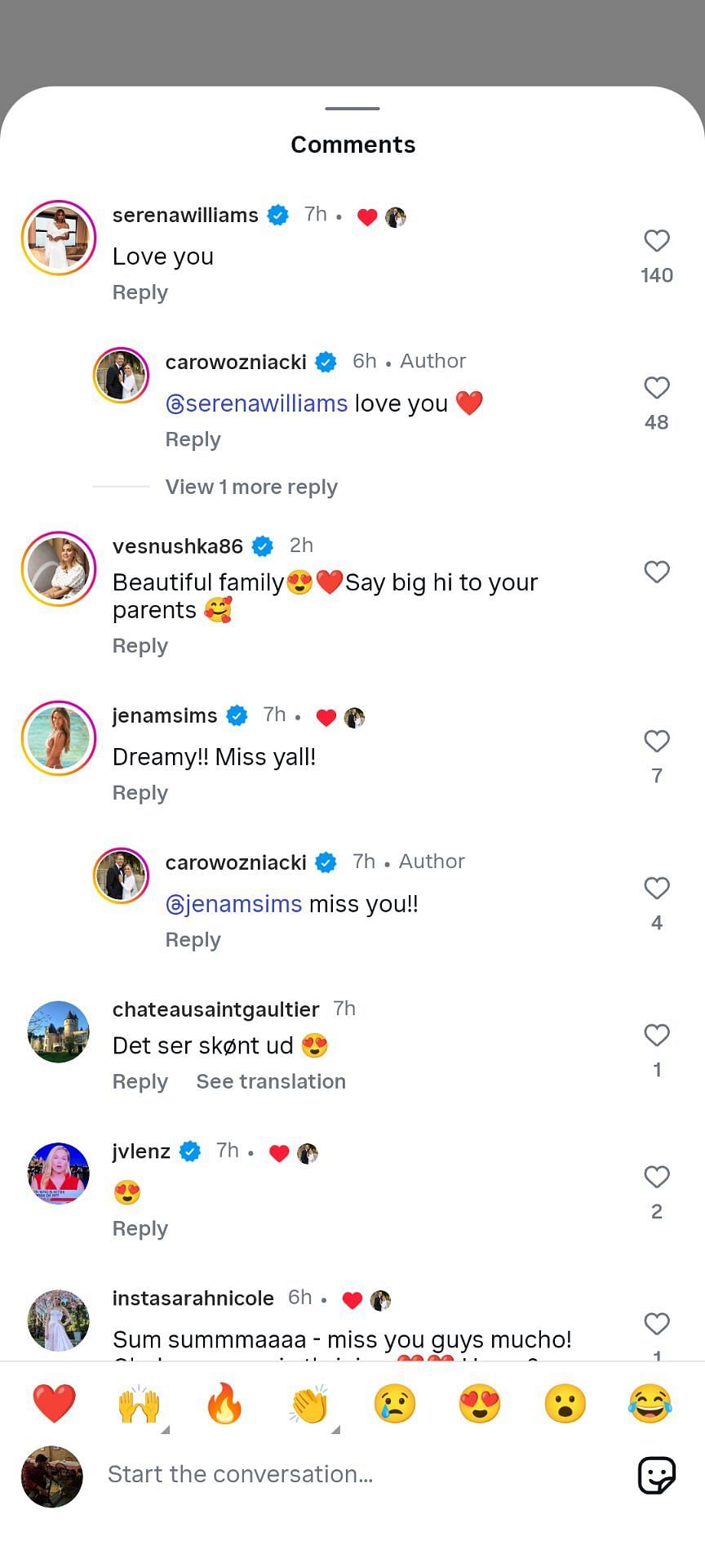 Serena Williams' comment on Caroline Wozniacki's post | Instagram